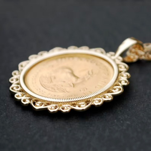 Krugerrand Coin Custom Pendant With Free Chain 14k Yellow Gold Finish
