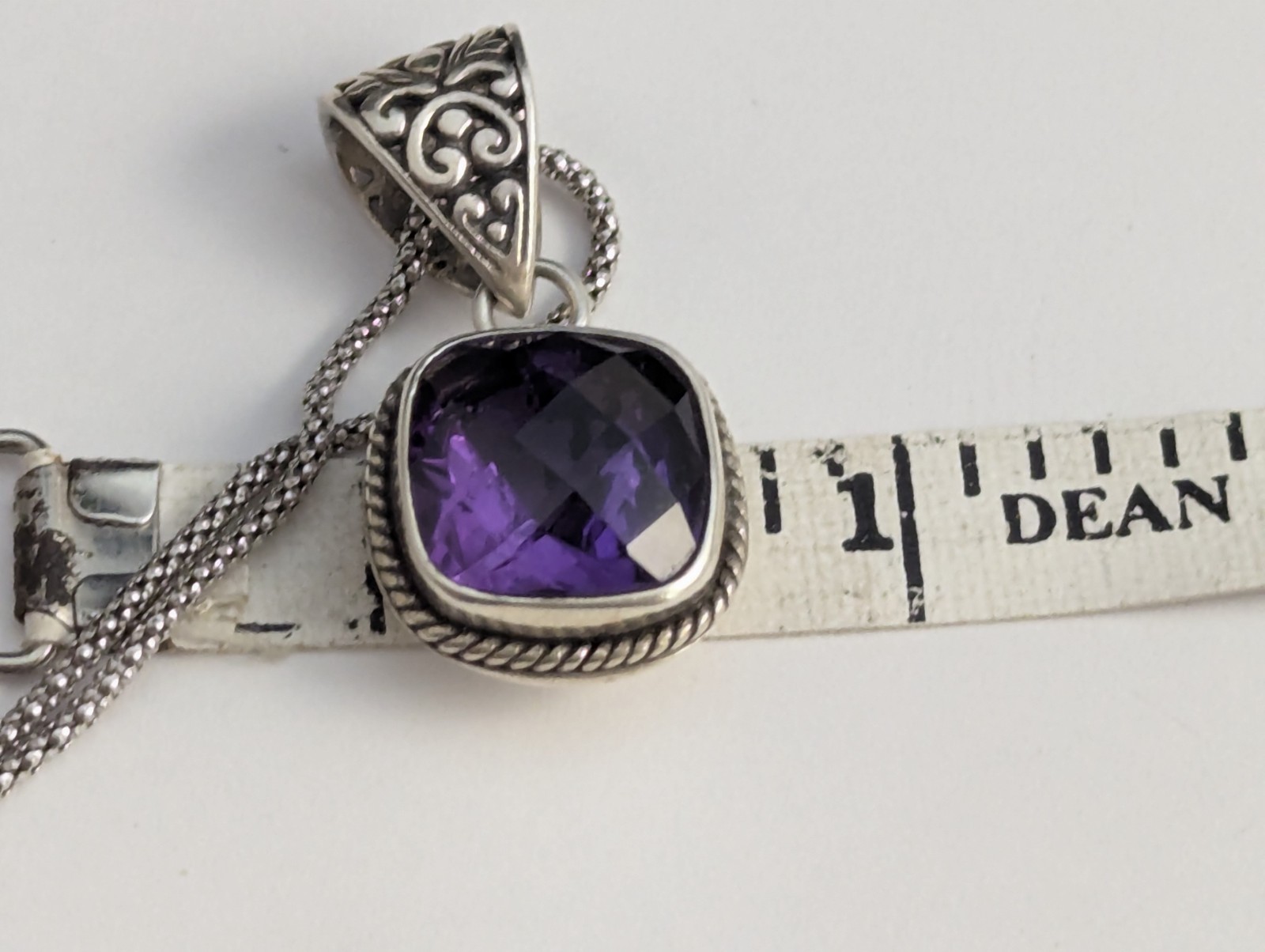 Sterling Silver Cushion Cut Purple Amethyst Filigree Popcorn Link Necklace