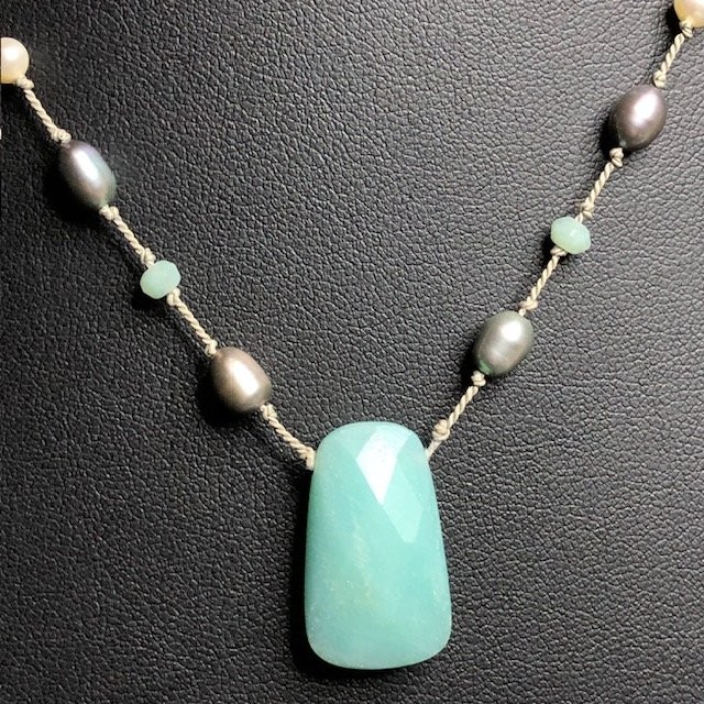 B4096 Amazonite Pearl Beaded Necklace Toggle Sterling Silver *unmarked Clasp