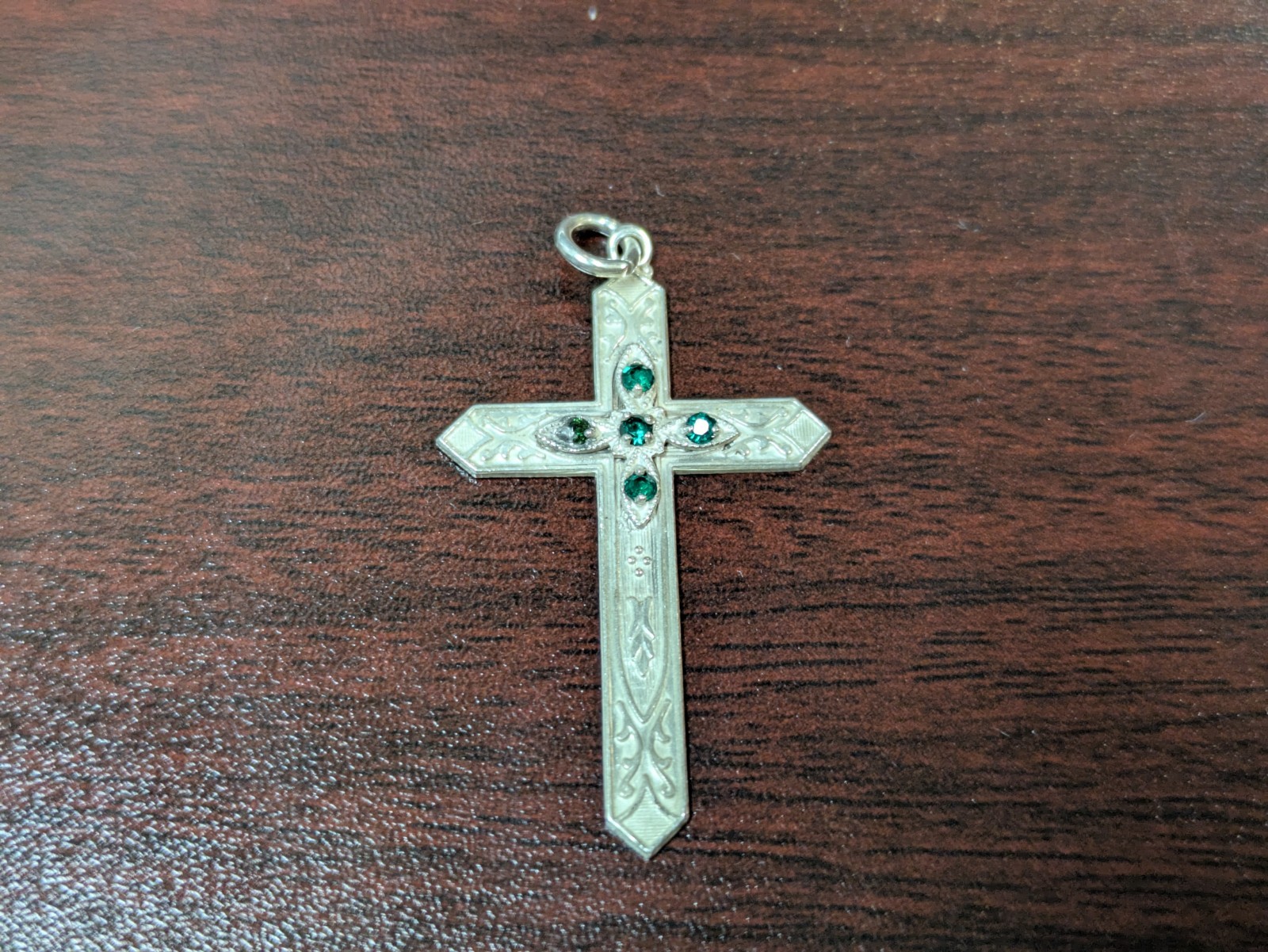 Sterling Silver .925 Green CZ Cross Pendant Charm 37mm tall 2 grams