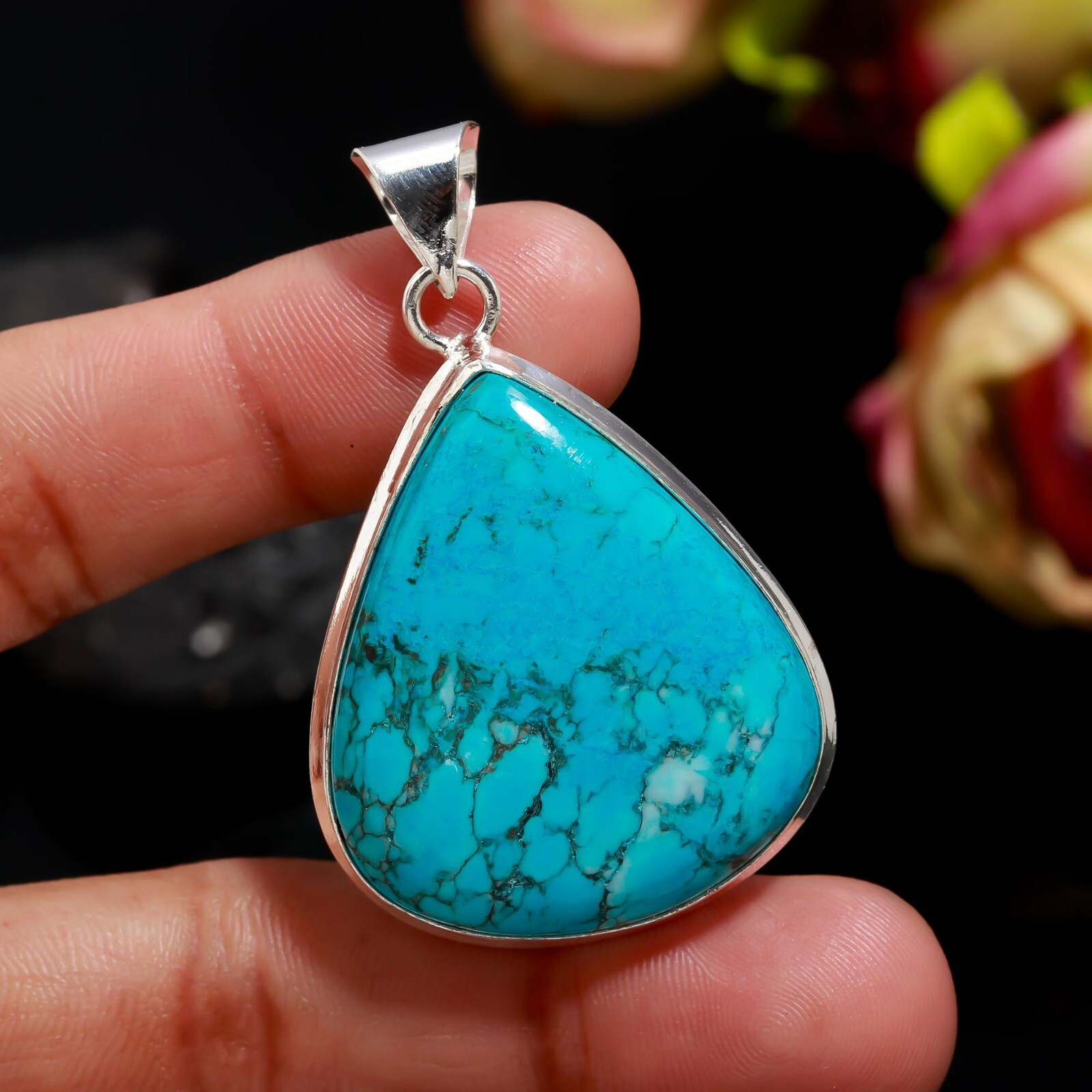 Tibetan Turquoise Gemstone Handmade Jewelry 925 Sterling Silver Pendant For Her