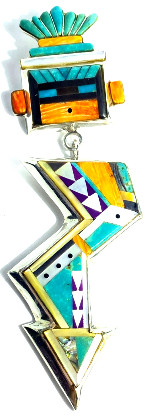 Navajo Zuni Sterling Channel Set Multi Gemstone Kachina w/ arrow Pendant 4 1/2″