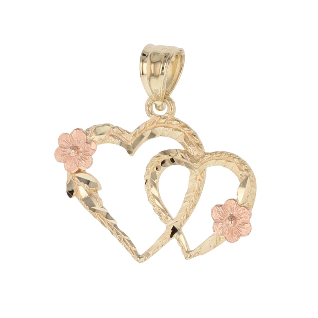 19.5mm Double Heart with Flowers Pendant w/o Chain 14k Multi-Tone Gold .89 Grams