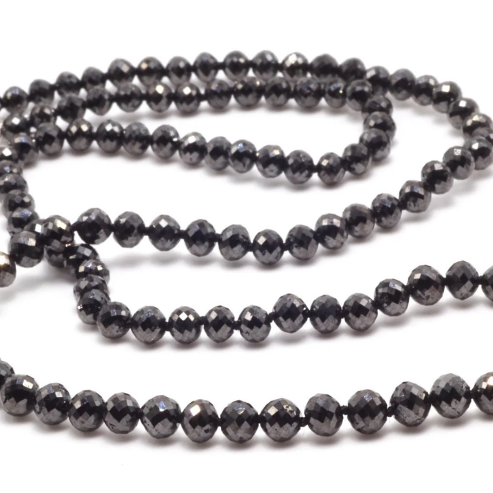 121 Ct Black Diamond Faceted Bead Necklace 22″ 14k Yellow Gold (4.5-5.5mm)