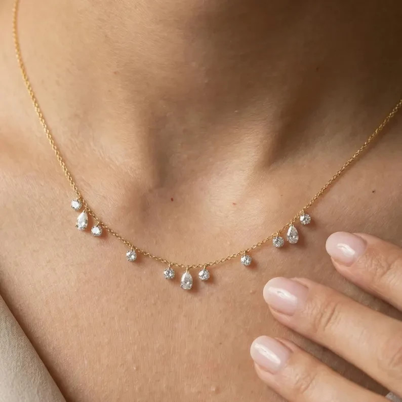 Pear Cut Lab Grown Diamond Drop Necklace 14K Yellow Gold Beautiful Gift For Her