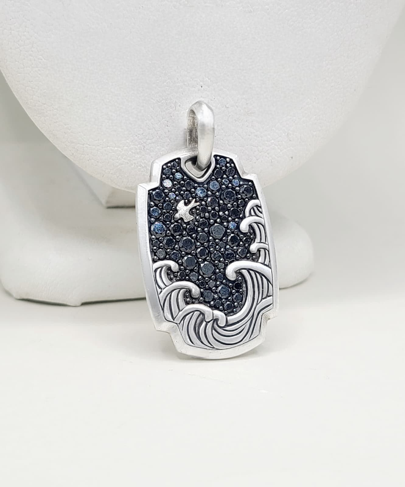 David Yurman Waves Tag Pendant With Pave Black Diamonds In Sterling Silver