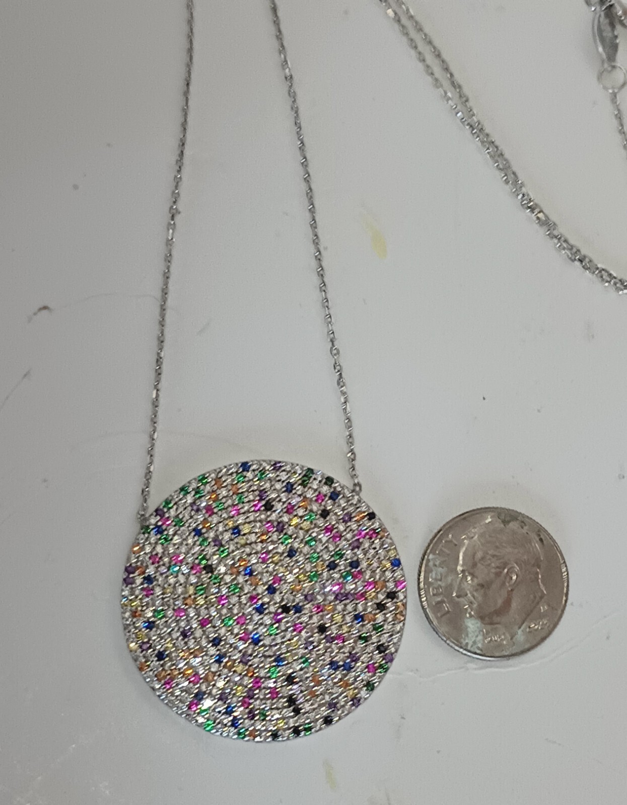 Sterling 825 Pavé Round Pendant Multi Colored Stones Cable Chain Necklace Turkey
