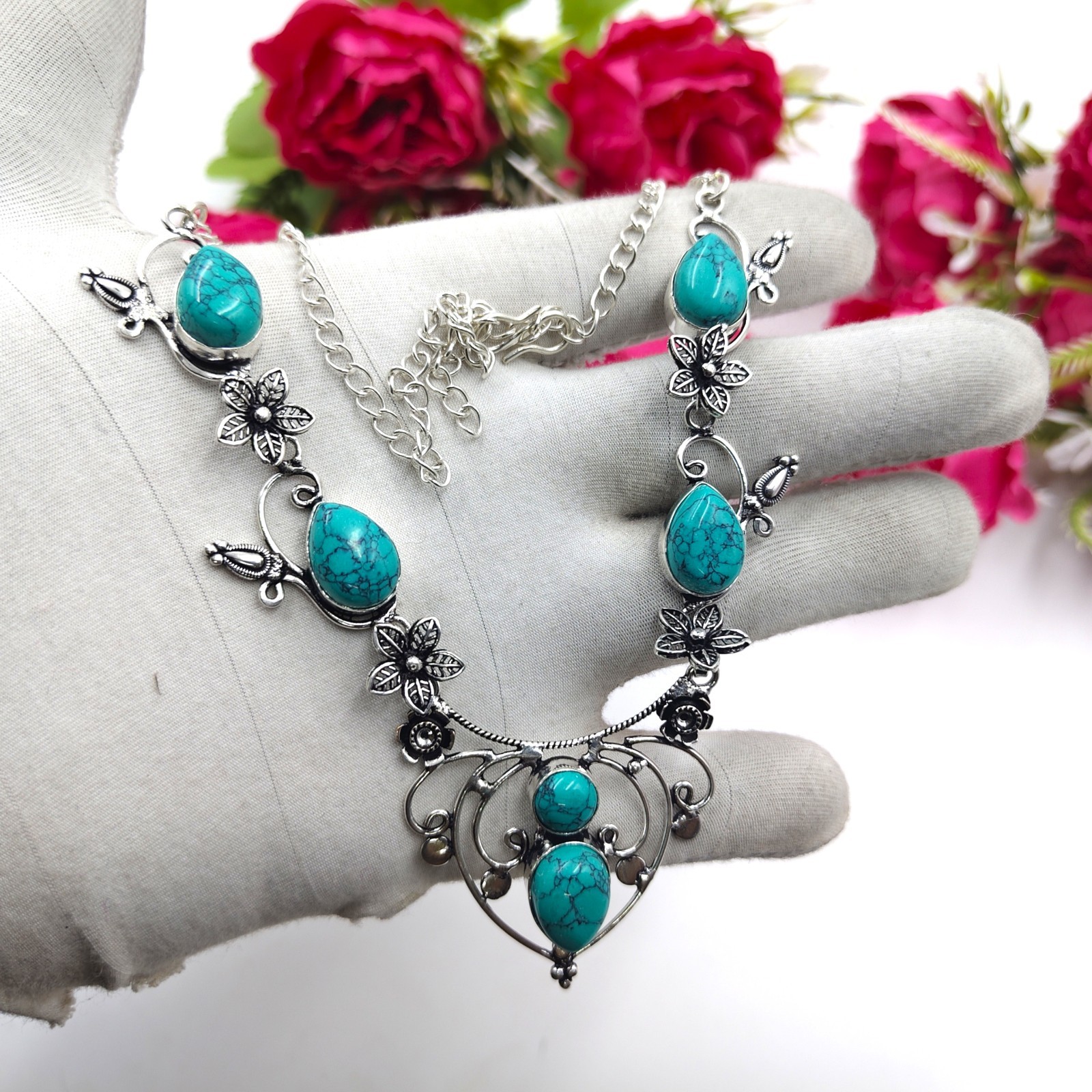 Blue Turquoise Gemstone Handmade 925 Sterling Silver Jewelry Necklace Sz-17-18″