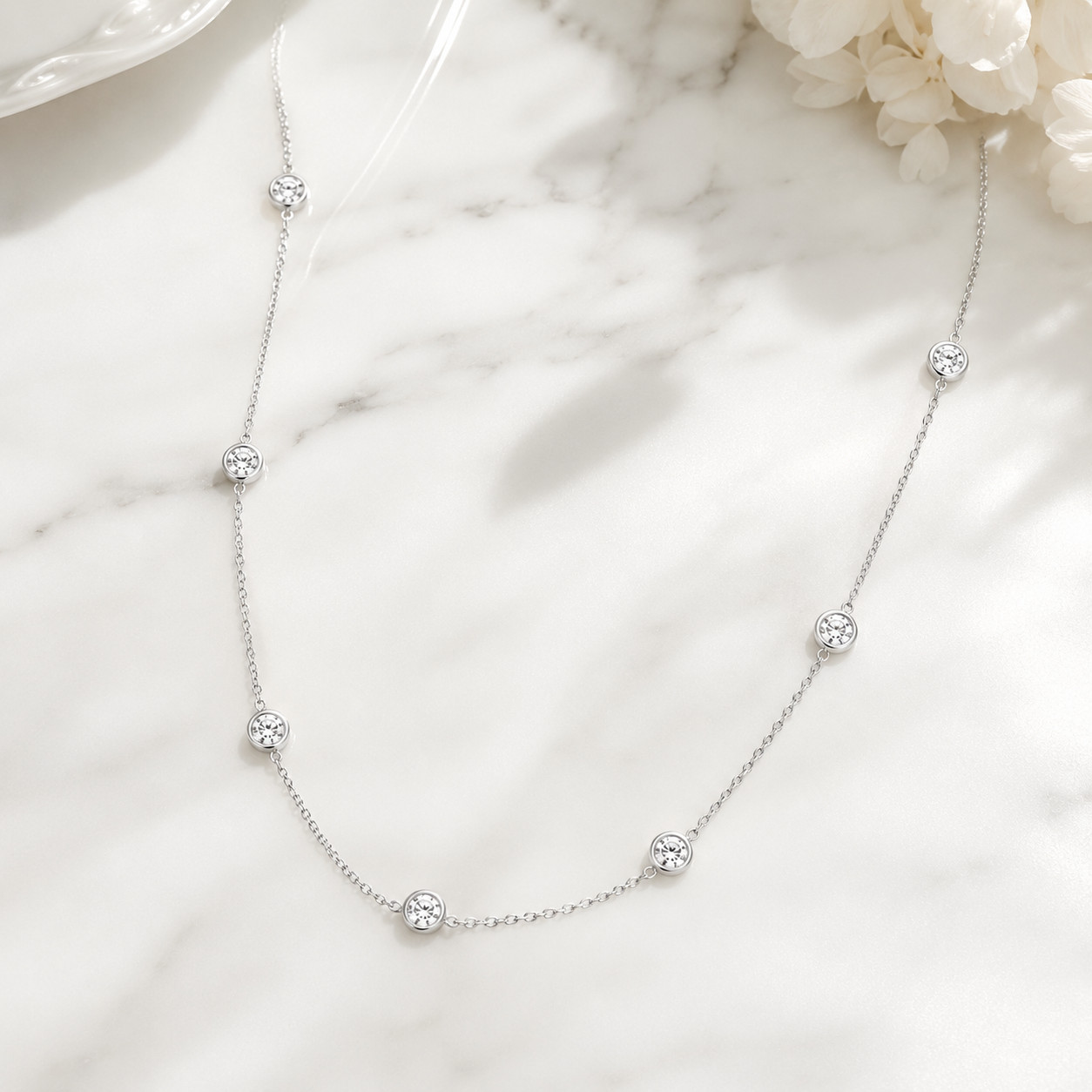 Dainty Bezel Station Necklace 925 Sterling Silver CZ Layering Necklace Gift