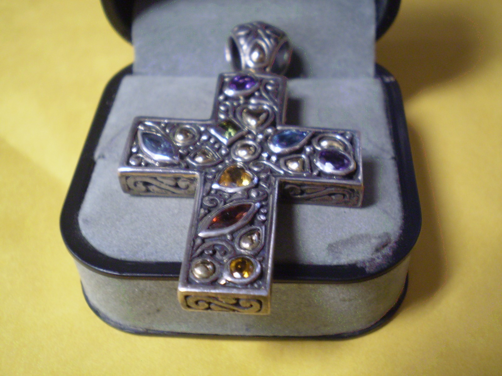 Vintage Sterling Silver 925 Ladies Men’s Gemstone Cross Pendant 18.1 grams