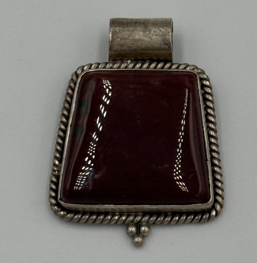 Vintage Red Jasper Sterling Silver 925 Rectangular Pendant Braided Metal Accent