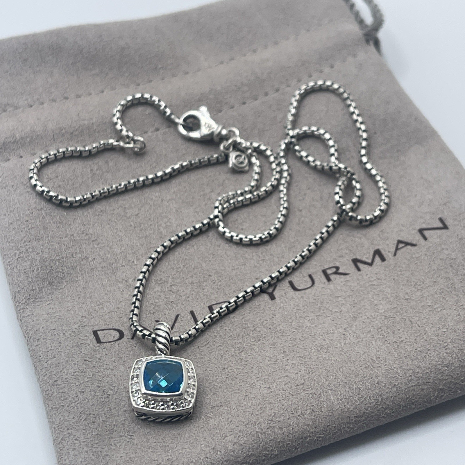David Yurman Petite Albion Pendant Necklace with Blue Topaz and Diamonds 16-17″