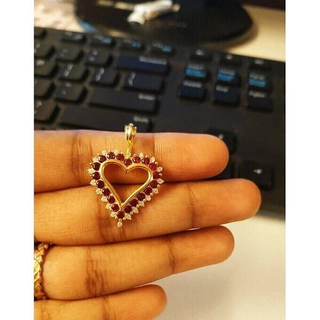 1.22Ct Round Cut Lab-Created Diamond Ruby Heart Pendant 14K Yellow Gold Plated