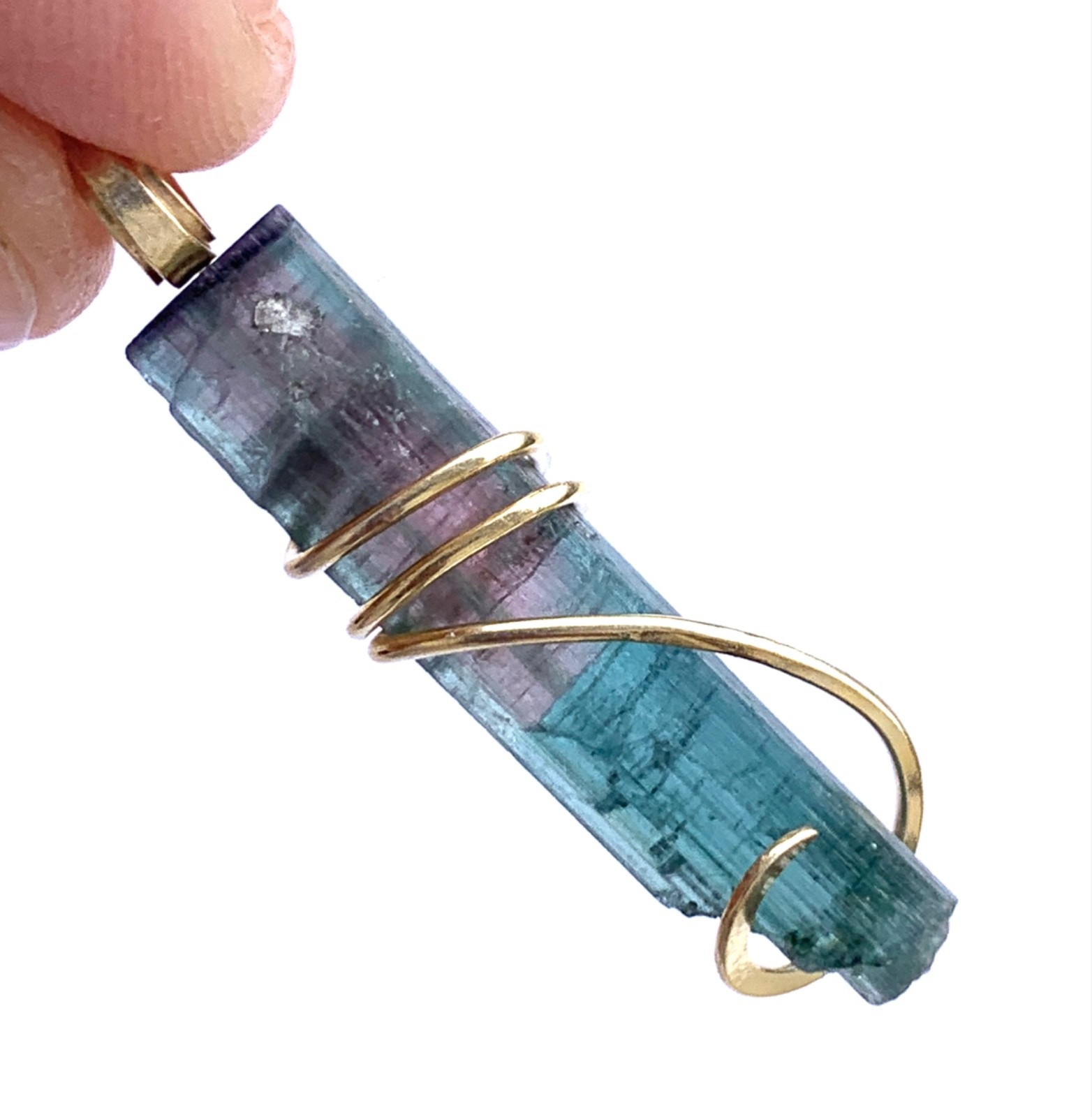Multi-colored Long Tourmaline Pendant Sterling Silver wire wrap Pendant 13.70