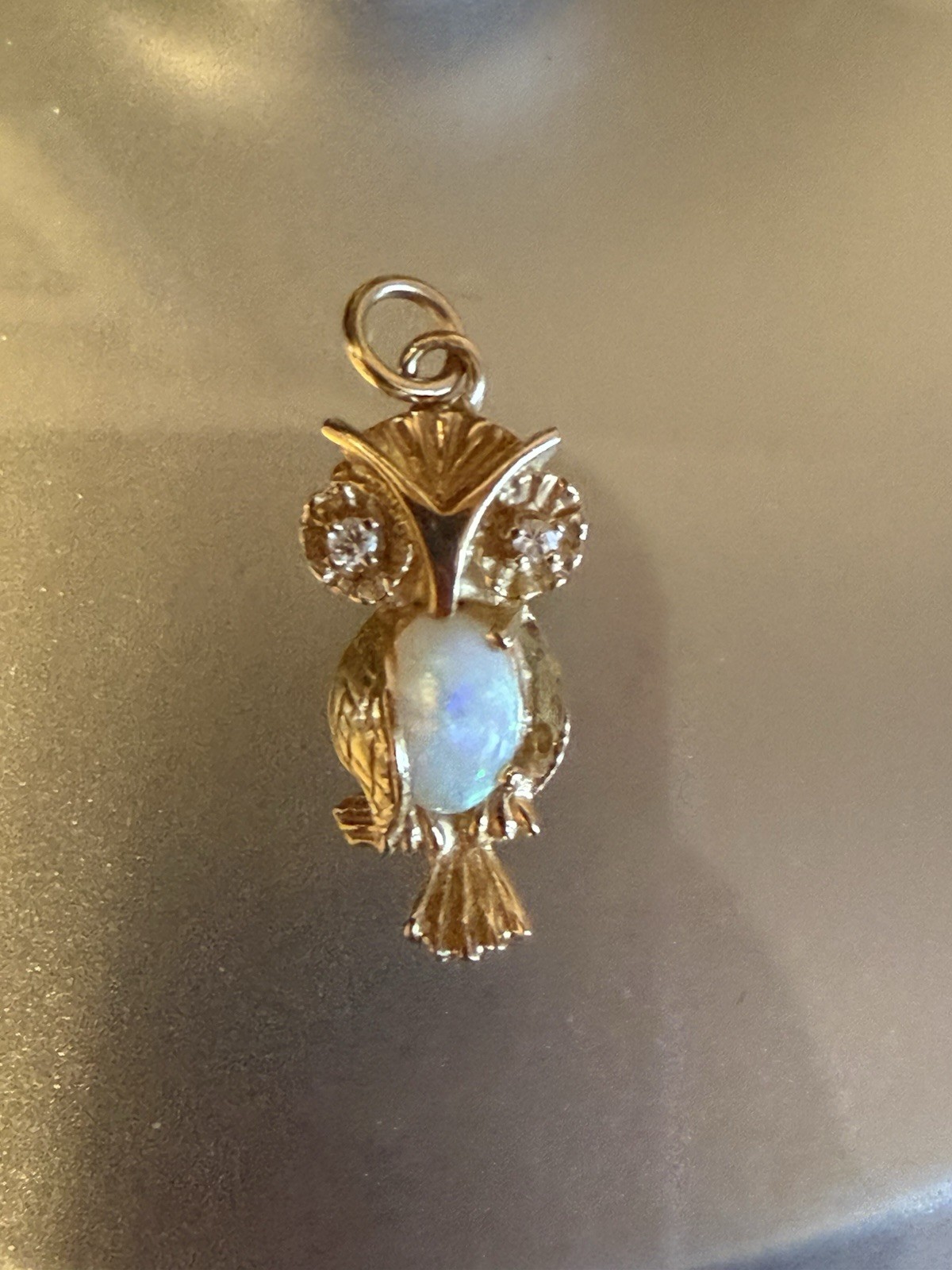 14k Gold Owl Pendant With An Oval Opal And Two Small Diamonds