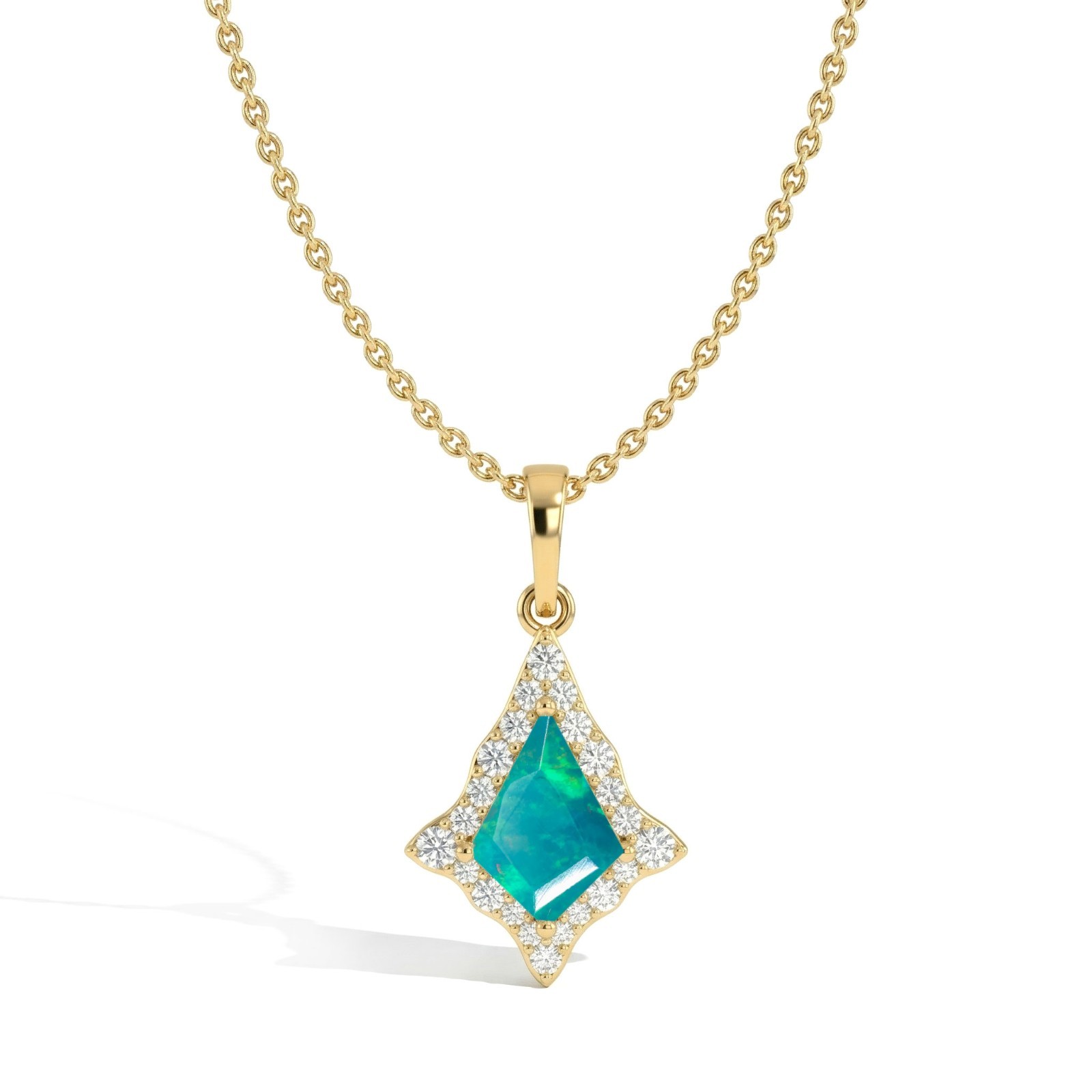 Green Opal Halo Pendant Necklace for Women, Gold Necklace,