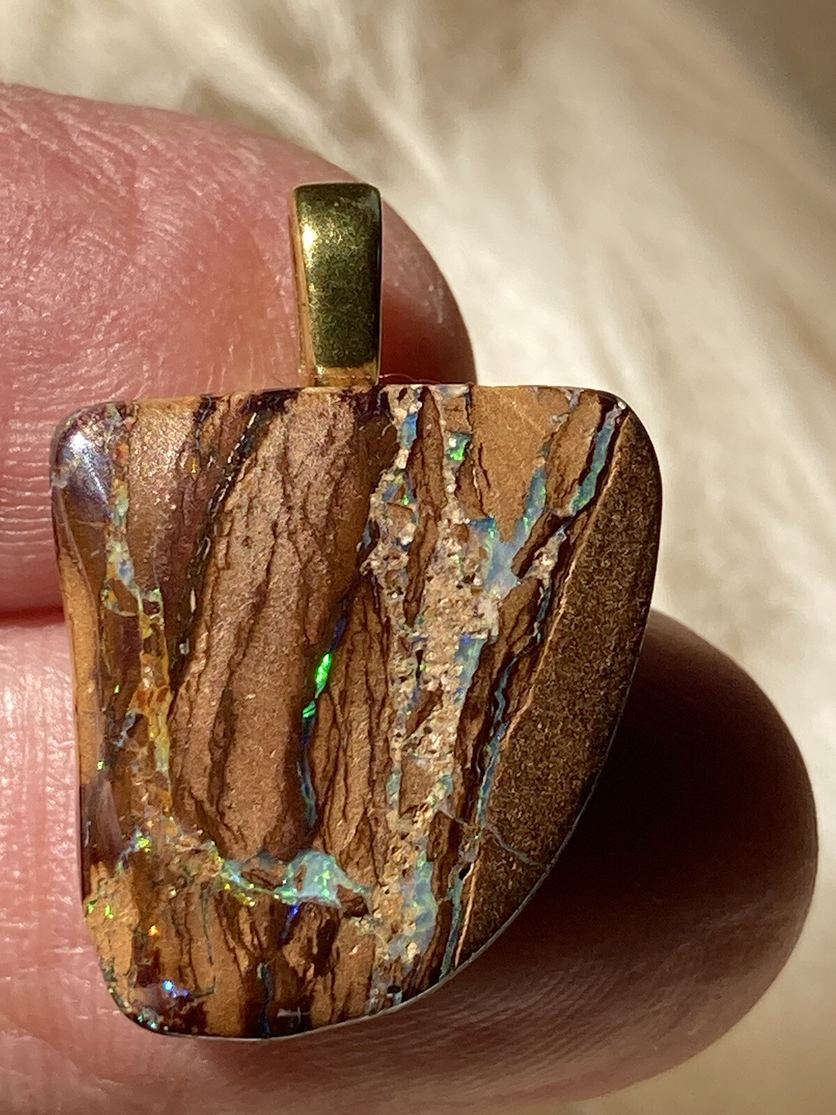 9.83 CT Natural Australian Boulder Opal Sparks of Green Blue & Gold Fire Pendant