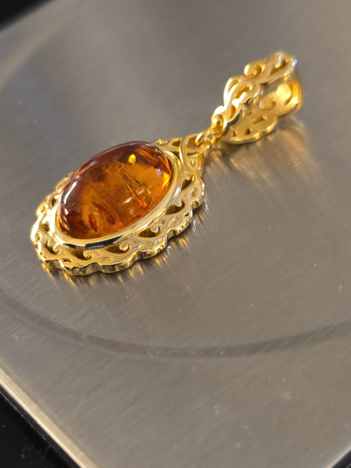 Baltic Amber Stone Pendant Open Scrollwork Vermeil ( Stamp 925) Signed 3.4 Grams