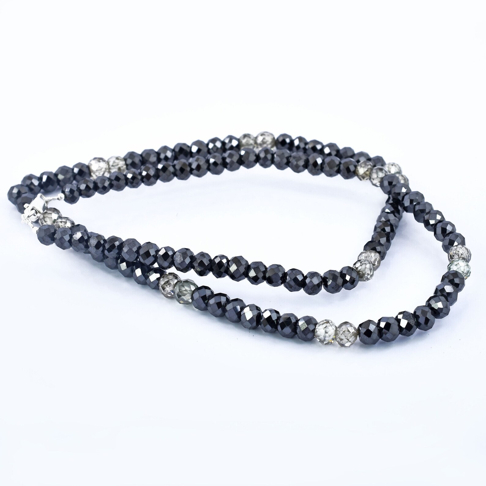Certified 6mm Natural Black Diamond Faceted Beads Necklace in 925 Silver 18 Inch