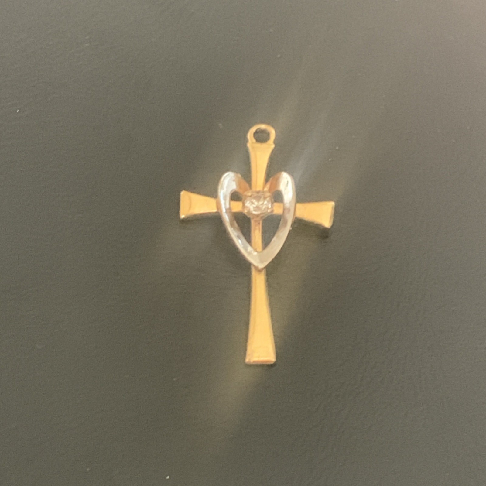 14k Yellow Gold Cross Pendant, Heart Detail, Round White Diamond Accent, Signed