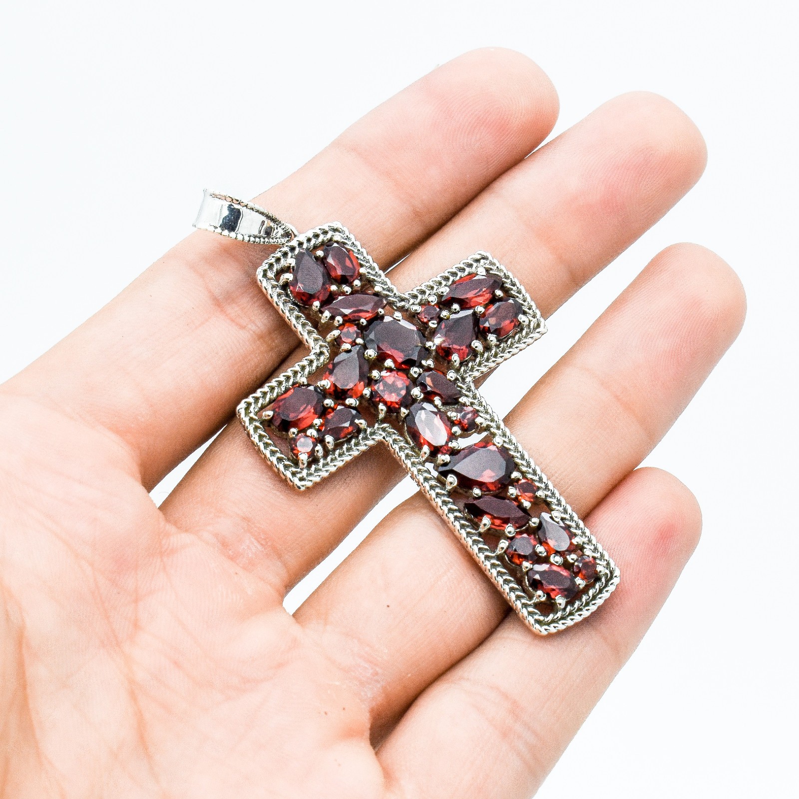 Genuine Garnet Cross Pendant Sterling Silver 925 Christian Jewelry Gift