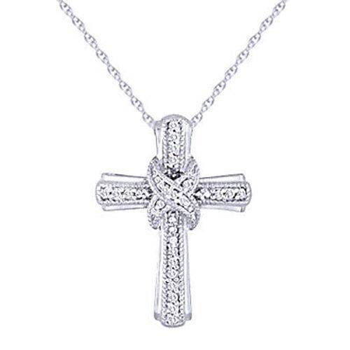 1/10 Ctw White Natural Diamond Cross Pendant Necklace Sterling Silver