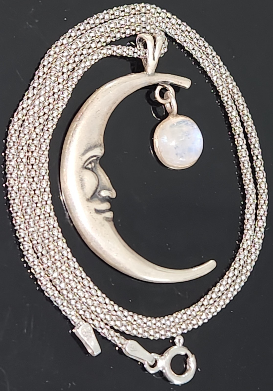 STERLING SILVER CRESCENT MOONSTONE CABOCHON/POPCORN CHAIN NECKLACE MADE ITALY