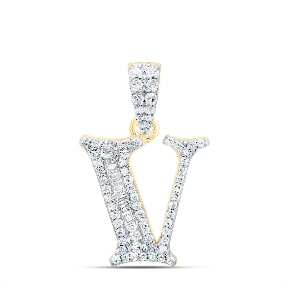 0.24 Ctw Natural Diamond Baguette Hiphop Initial Letter V Pendant 10k Yellow Gol