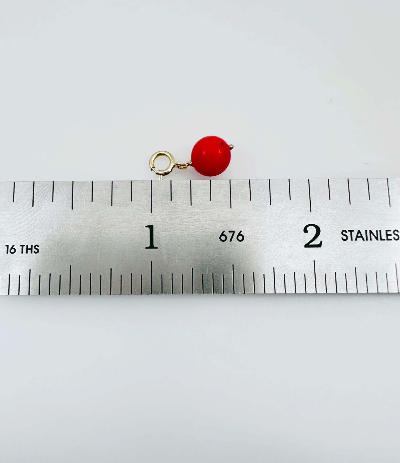 14K Solid Yellow Gold Small Round Red-Orange Coral Charm Pendant w/Spring Clasp