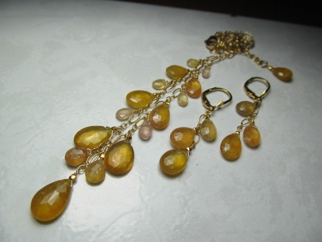 Sri Lanka Golden SAPPHIRE faceted briolette beads 14k Gold Filled Necklace set