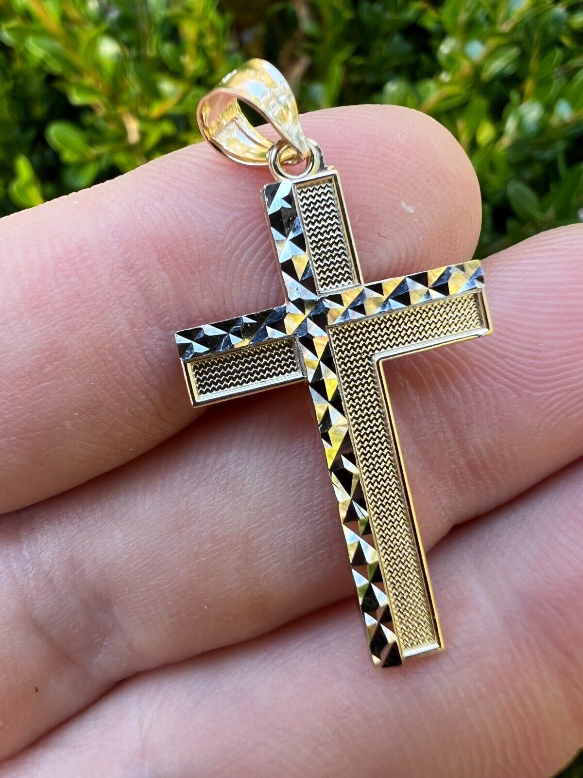 Real 14k Solid Yellow & White Diamond Cut Gold Cross Crucifix Pendant Necklace