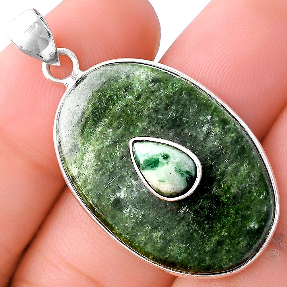 Natural Serpentine & Dioptase 925 Sterling Silver Pendant Jewelry P-1323