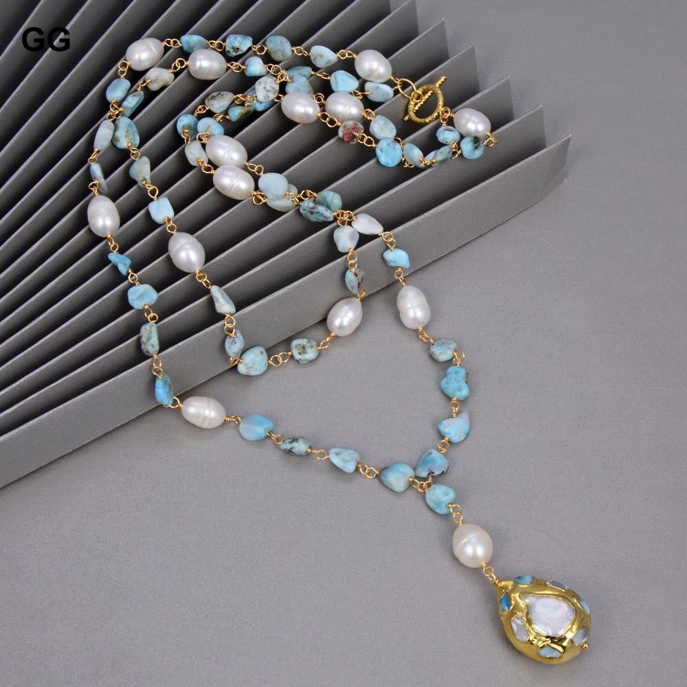 Blue Larimar Pearl Necklace Gold Plated Statement 21in Freshwater Women