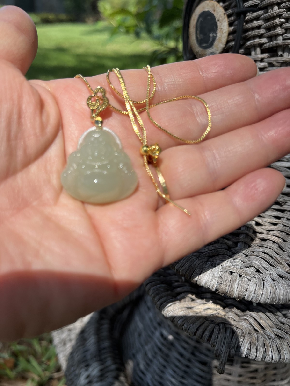 Yellow Green Craved Natural Nephrite Jade Budda Necklace 晴水厚装福公certificate