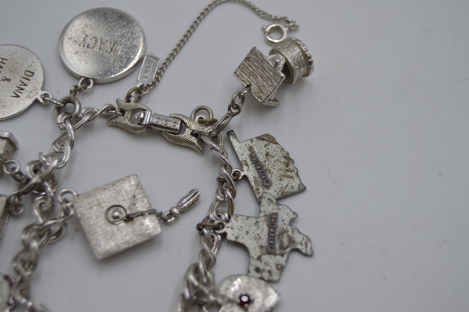 Monet Charm Bracelet W/ 6 Sterling Silver Charms,States,Flag,Santa,7.5″,R14