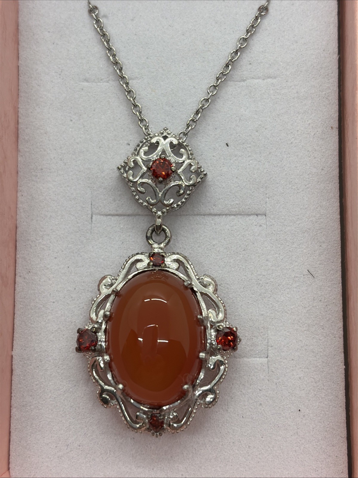 STS 925 Sterling Silver With Orange Gemstone 20” Necklace