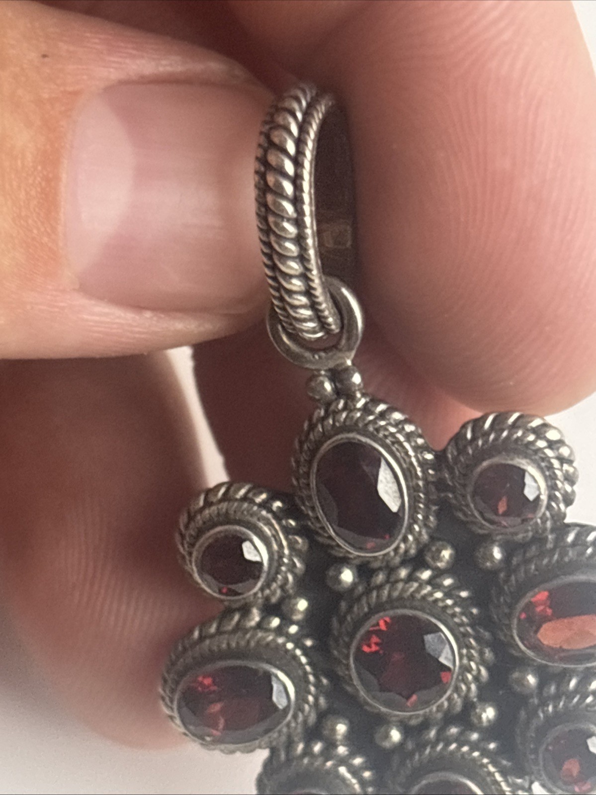 India Made Sterling Silver 925 Cluster Flower Garnet Stones Pendant 2″ Long