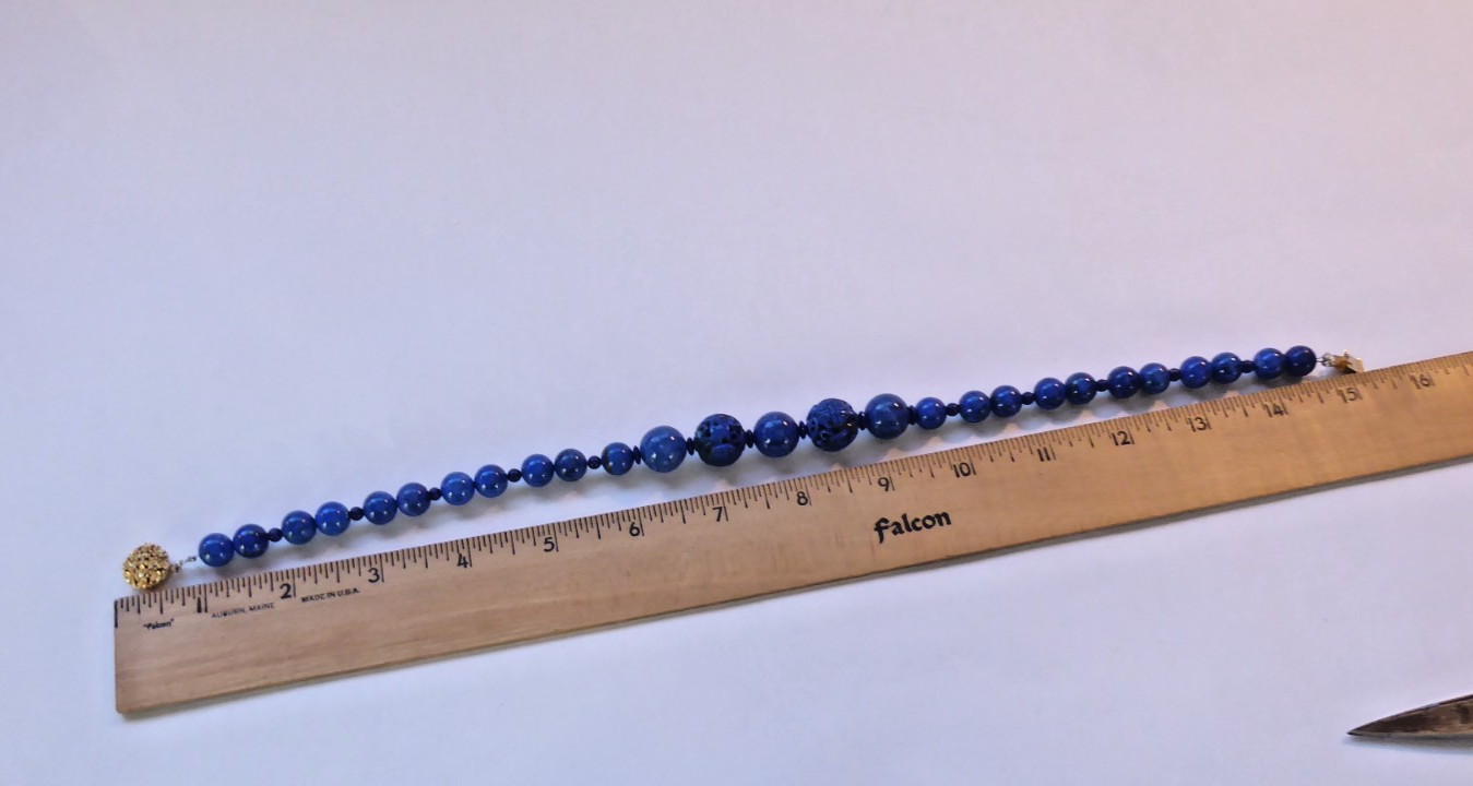 Carved Lapis Lazuli Bead Statement Necklace 15″ long 15mm & 9mm Round beads Asia