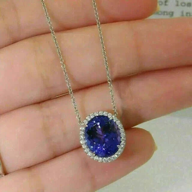 3Ct Oval Cut Lab Created Blue Tanzanite Halo Pendant 14K White Gold Plated