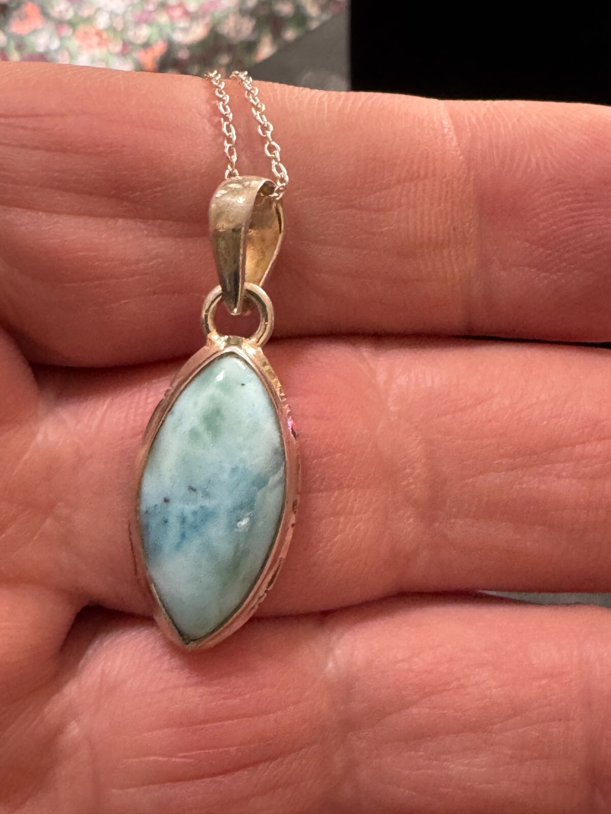 Vintage AV Sterling, silver oblong, unknown, solitary stone (Might be Larimar?)