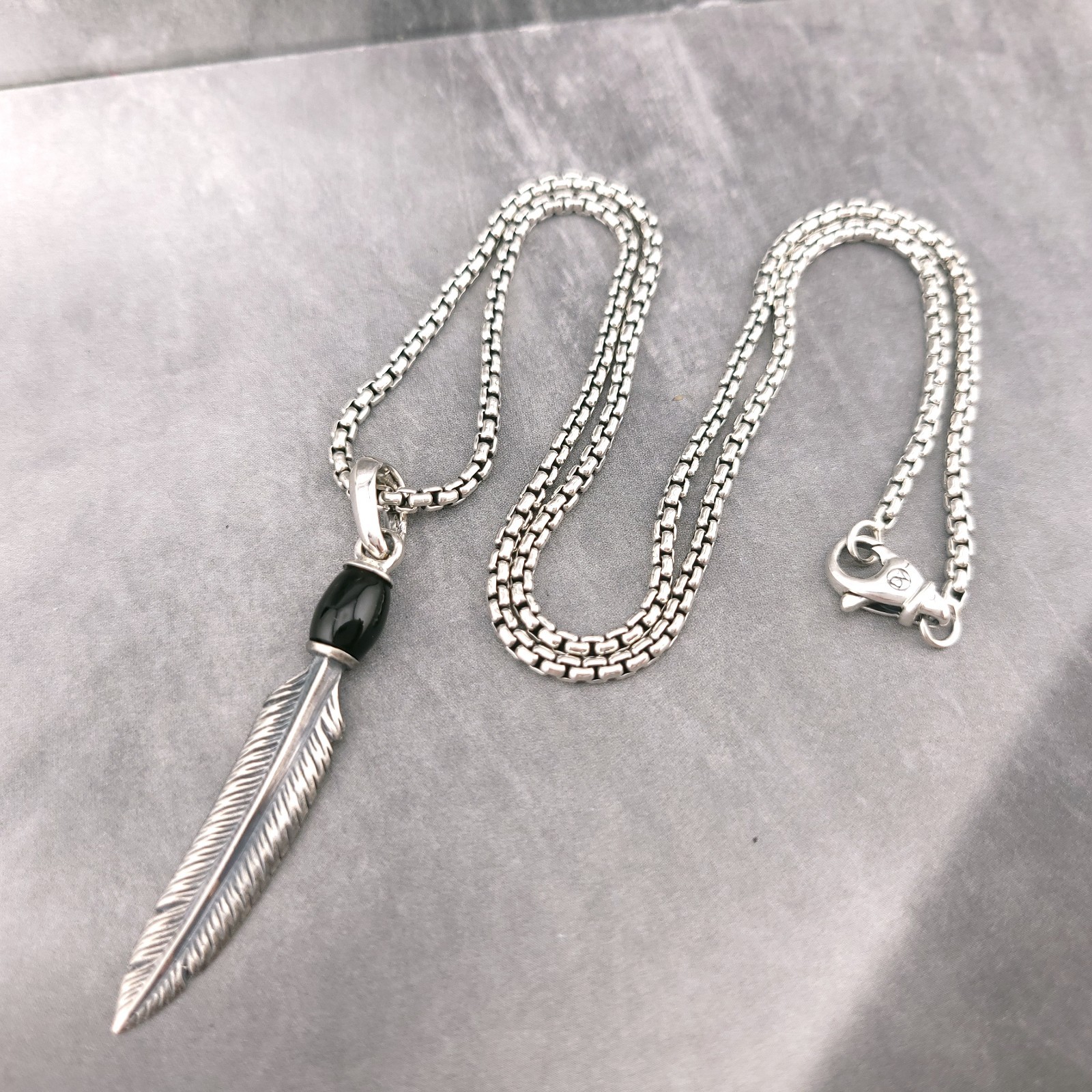 David Yurman Sterling Silver Southwest Feather Black Onyx Pendant 20 in Chain
