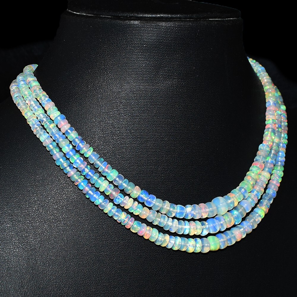 3 Strand Amazing Ethiopian Opal 128.00 Cts Beaded Jewelery Necklace VK 12 E593
