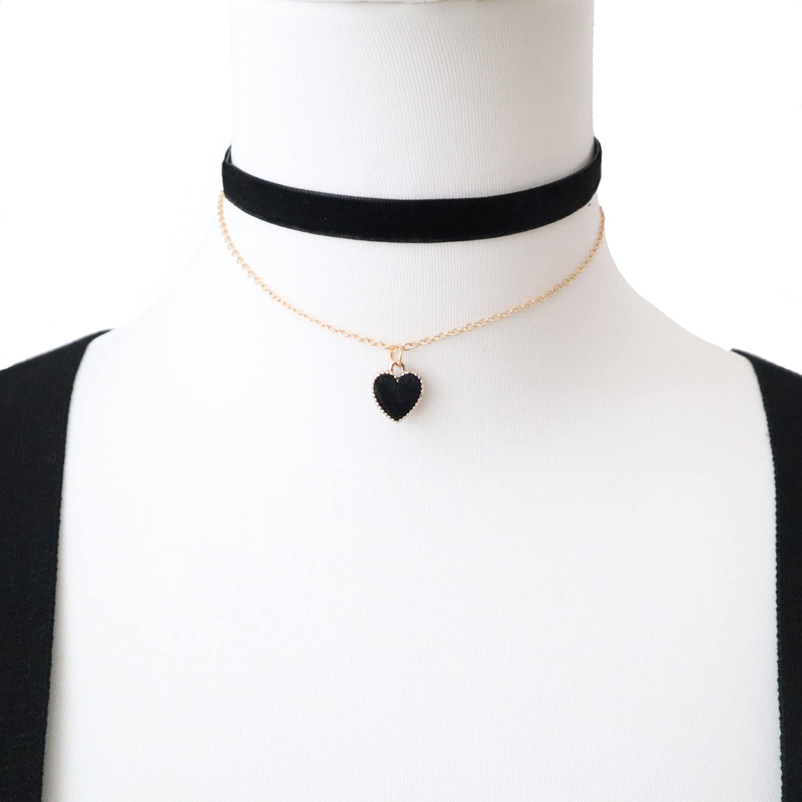 Heart Choker Necklace for Women 2Pcs Double layer Chokers (BLACK)