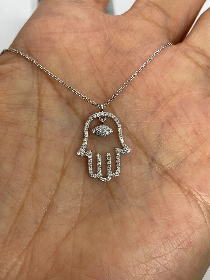 Round Natural Diamond Hamsa Hand Pendant 18” Chain 14K White Gold UGL GH/SI