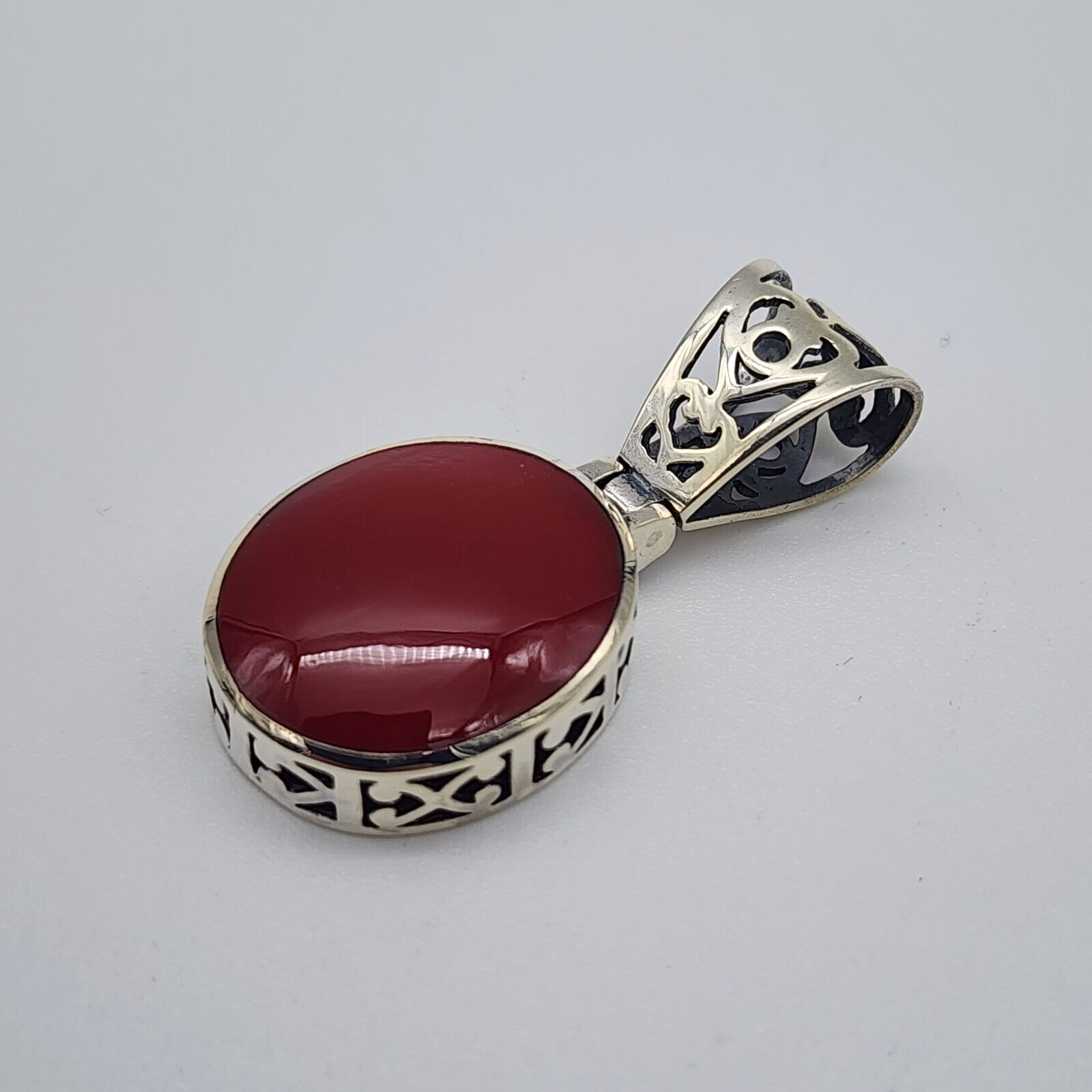 Sterling Silver 925 Red Plastic Resin – Open Work Asian Motif Pendant