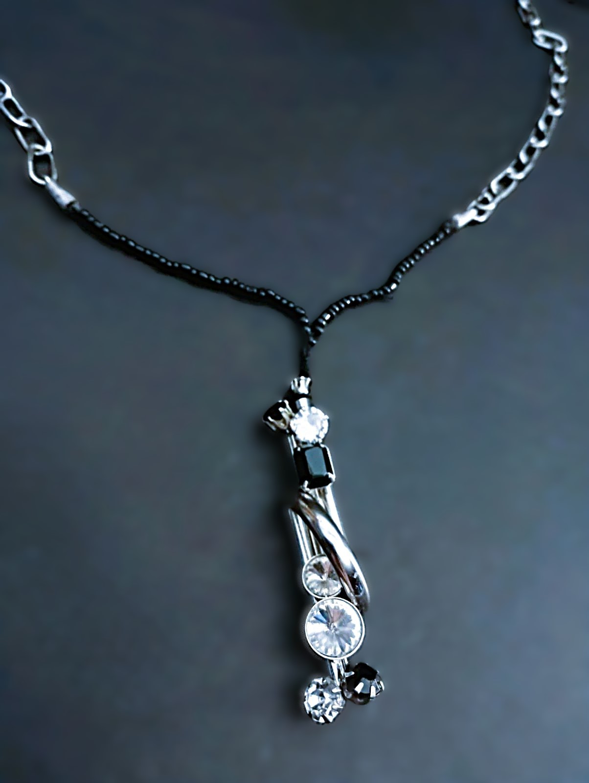 Vintage Artisan Art Deco Onyx Diamond Silver White 18k Gold Necklace Japan