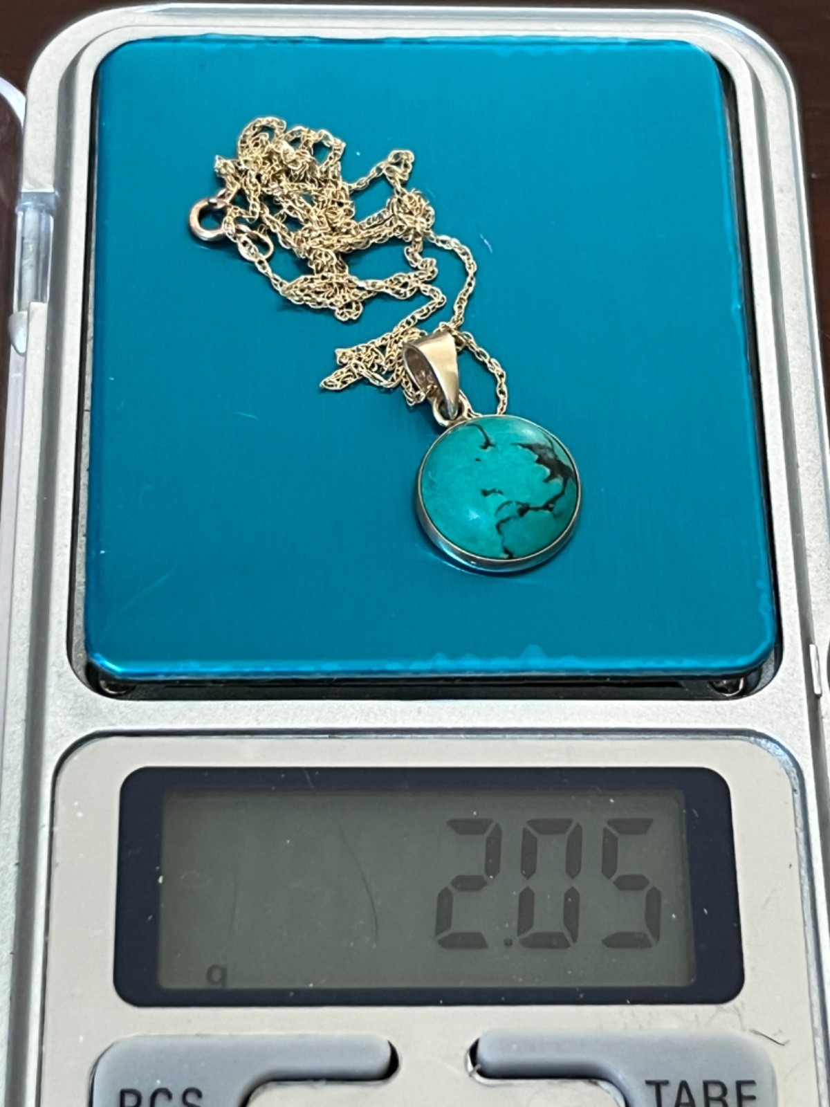 1970’s Vintage 14K Gold Robin’s Egg Turquoise Pendant & 10K Rope Chain Necklace
