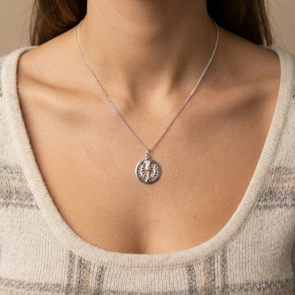 Scottish sterling silver thistle pendant necklace with 18″ silver chain & box