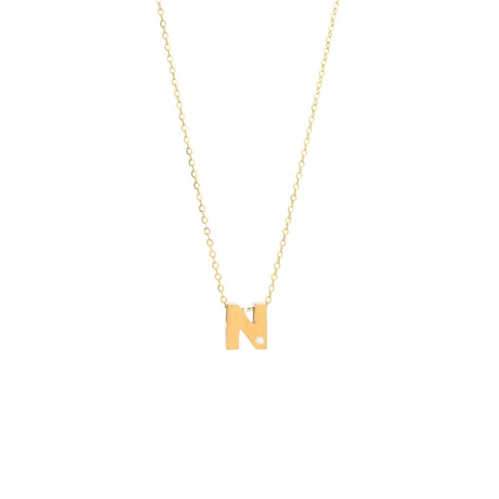 14K Yellow Gold Diamond N Initial Letter Minimalist Necklace 16″-18″