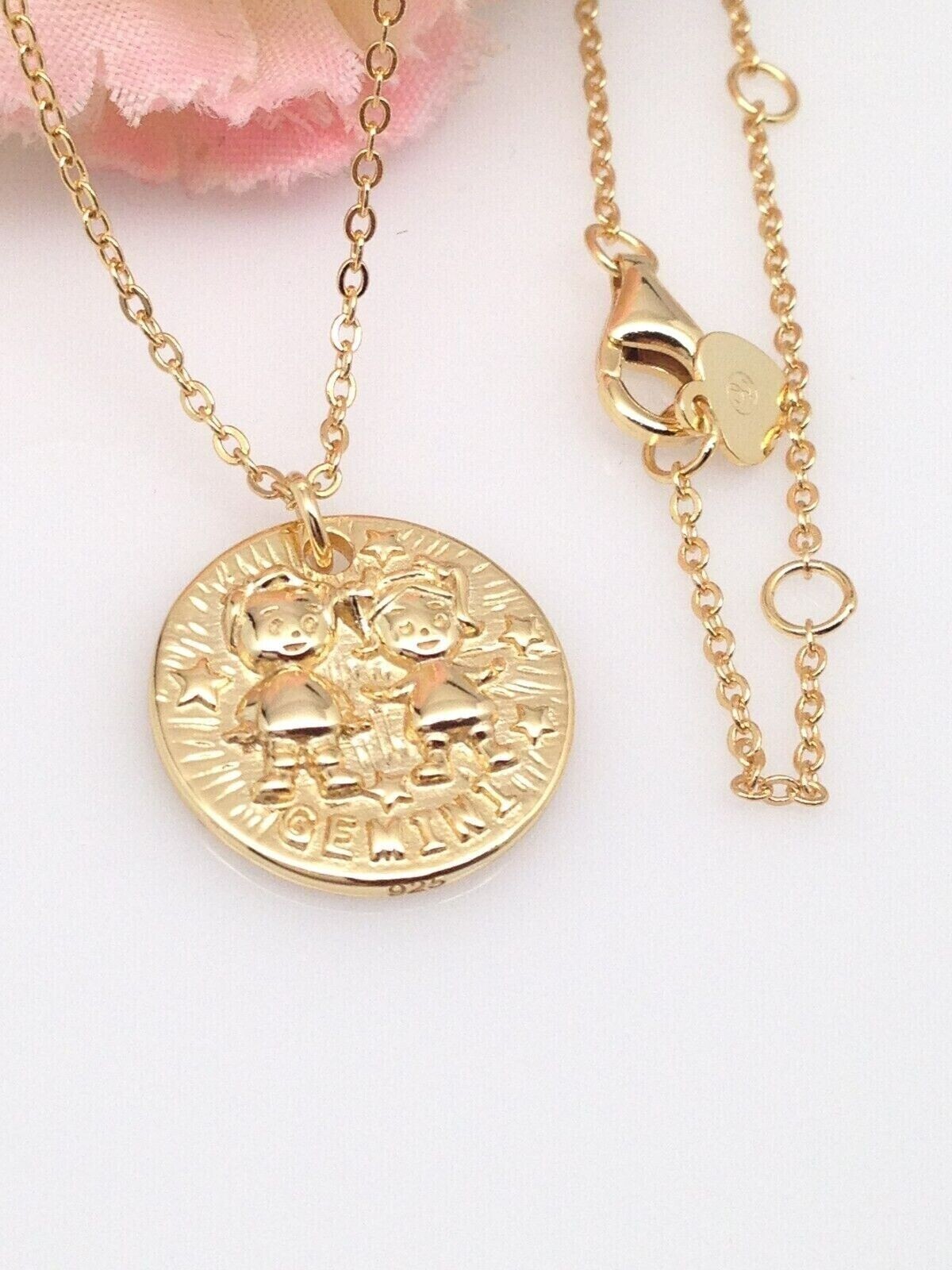 925 Sterling Silver Round Gold Zodiac Gemini Pendant Necklace Women 15mm 18″